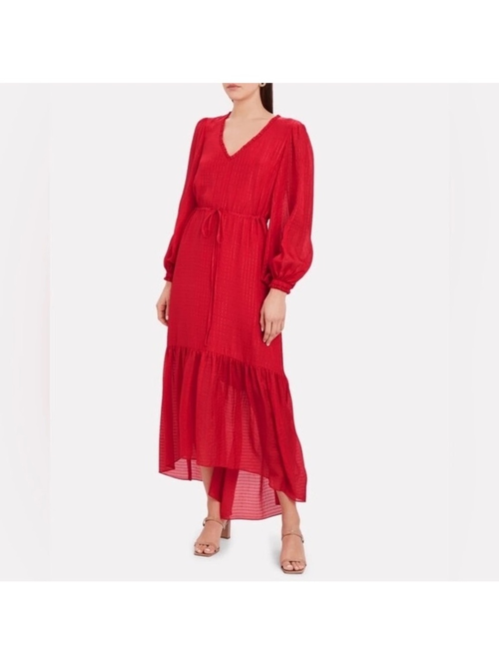 Intermix Gianna Silk Red with metallic thread long sleeve midi dress